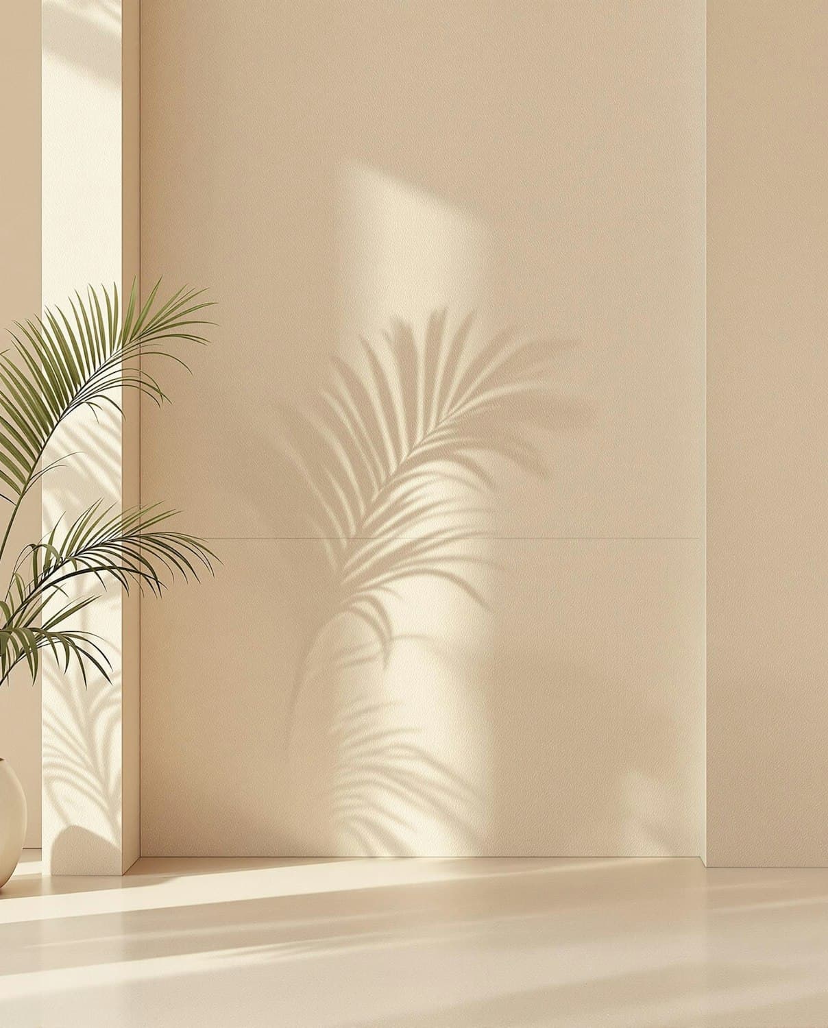 Morning light and the shadow of a palm leaf on a warm beige wall