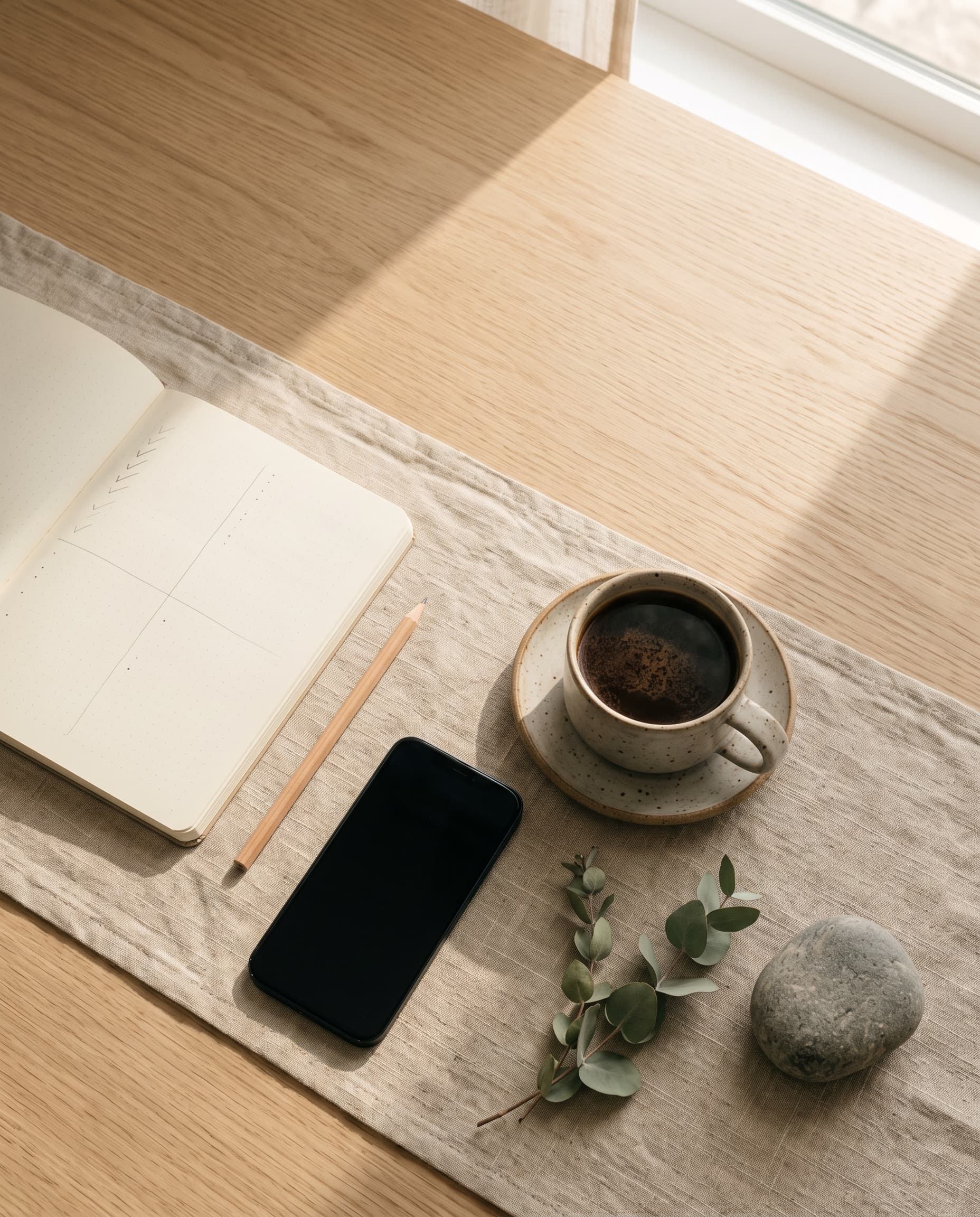 A calm desk in morning light with an open notebook, a pencil, a cup of coffee, a phone and a sprig of eucalyptus